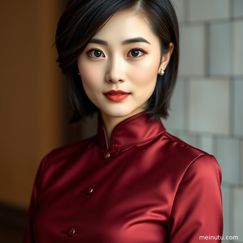 旗袍美女在自然光下回眸，面料纹理与东方风格清晰可见。
