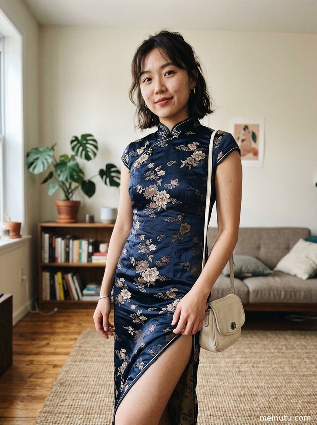 桃红色旗袍写真：窗边自然光下的 asian model 半身图集