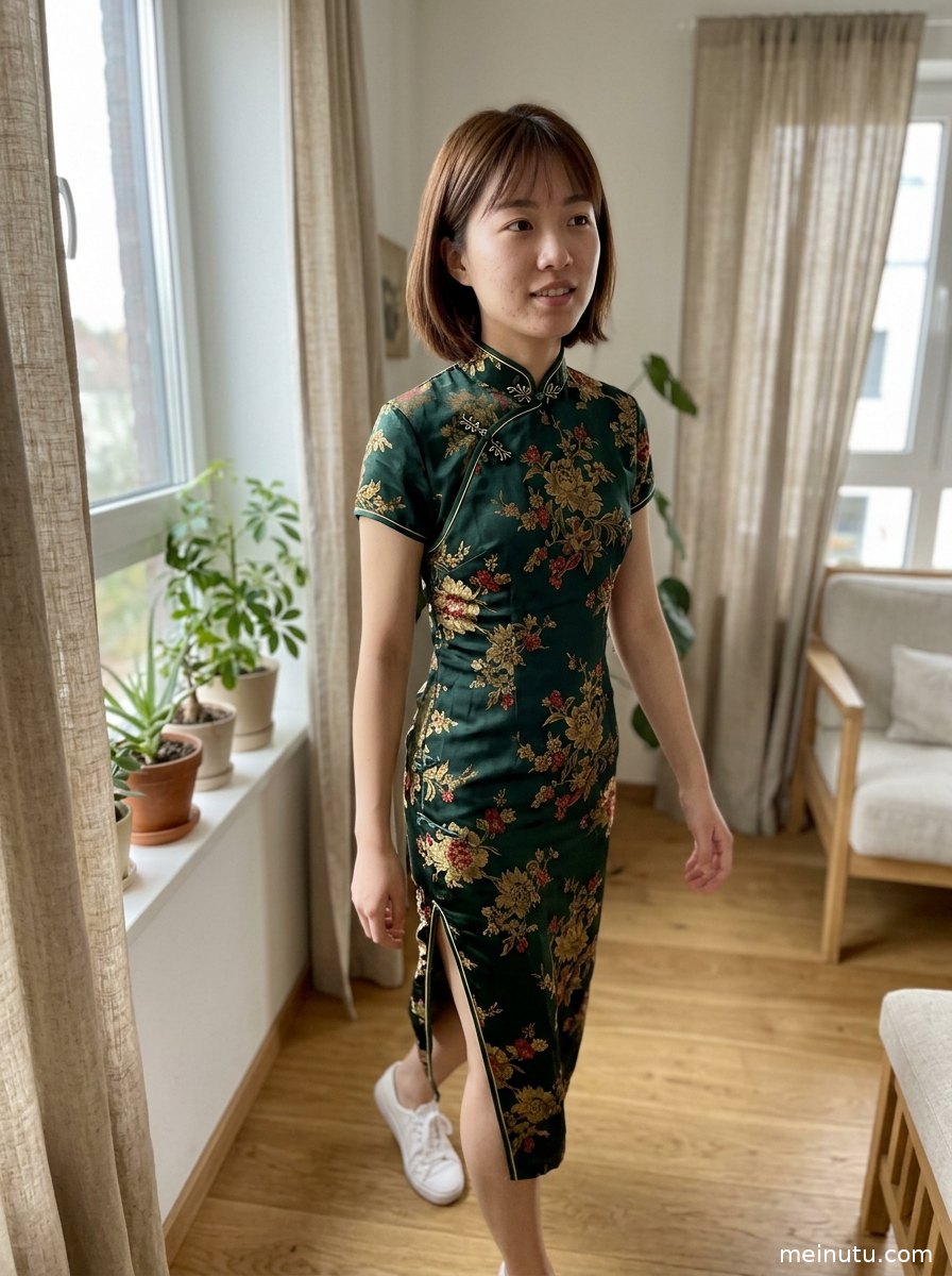 桃红色旗袍写真以柔和窗光呈现优雅侧身姿态和精致妆容。