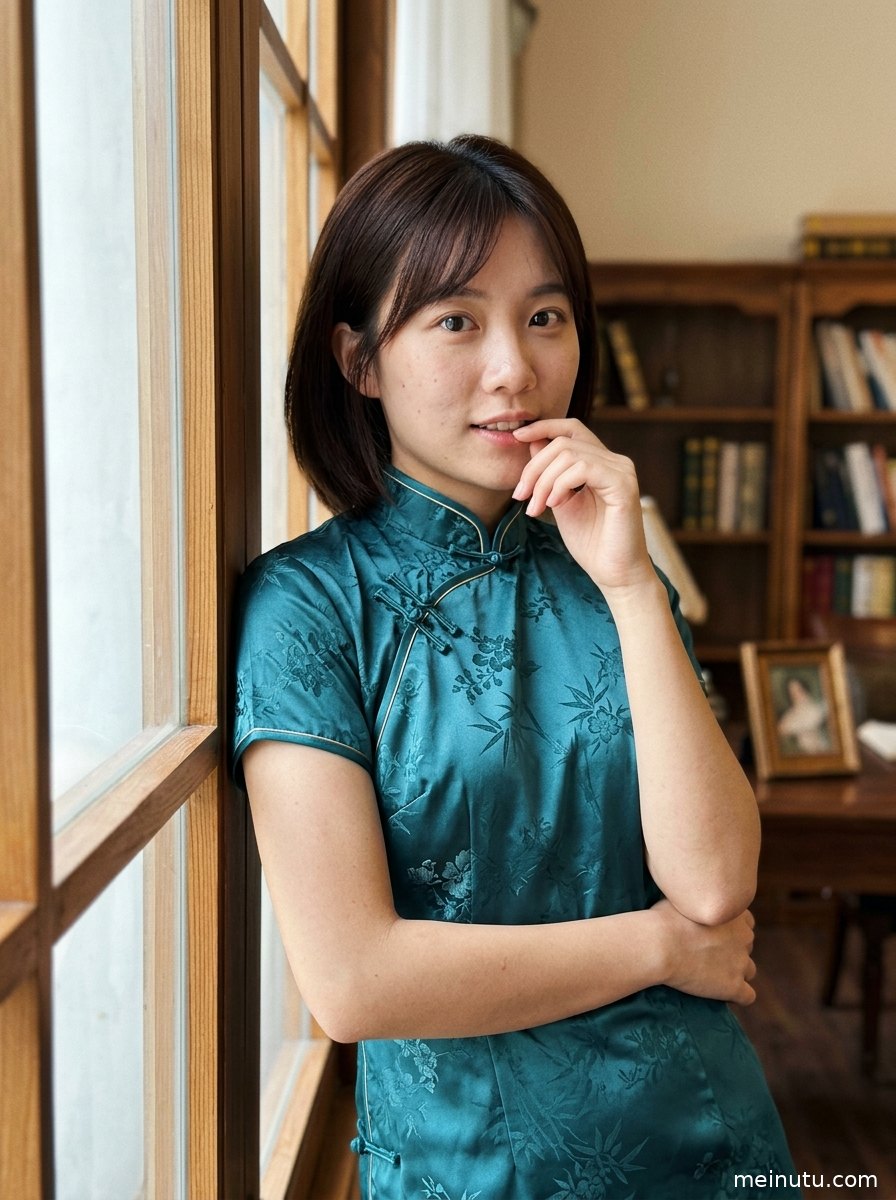 窗边自然光下的旗袍美女半身构图，背景简洁氛围温柔。