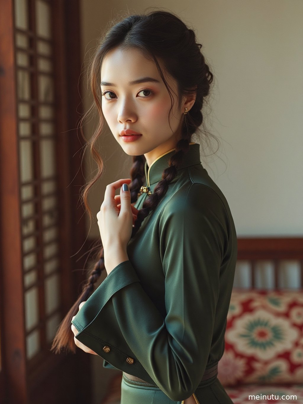 海浪与礁石背景下，女性身穿华美旗袍，柔和逆光勾勒动人身姿。