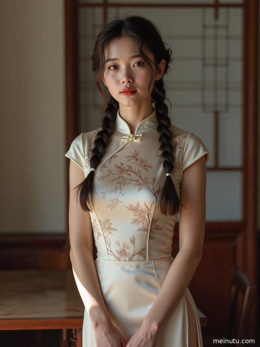 温暖的逆光洒在女性的脸庞与旗袍上，海边半身人像充满诗意。