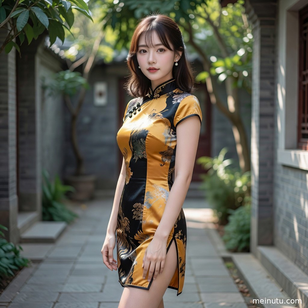 俯拍视角记录旗袍女性倚靠石径与绿植的优雅姿态