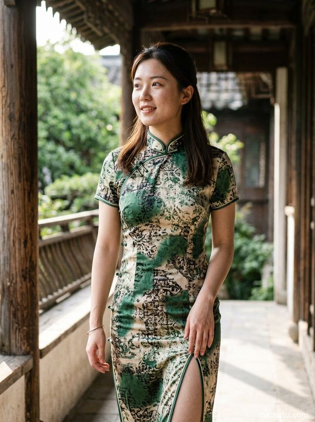 五花大绑红色旗袍写真：asian women复古走廊柔和逆光全身图集