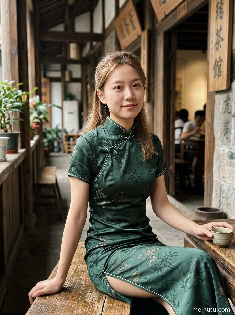 红色旗袍美女站在旧式走廊内，束缚造型与暖色逆光营造复古写真氛围。