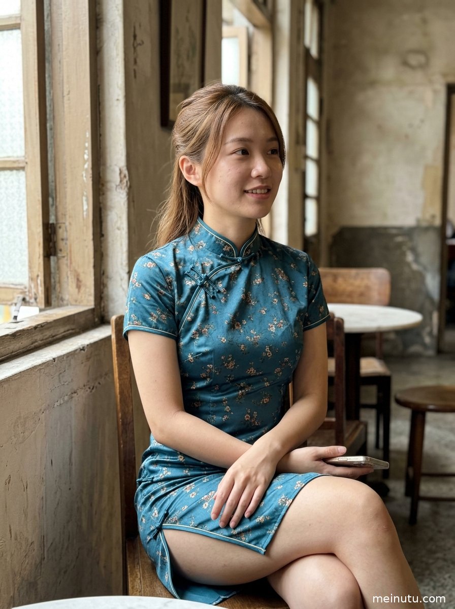 五花大绑红色旗袍写真画面展现年轻成年女性的侧身线条与复古走廊光影。