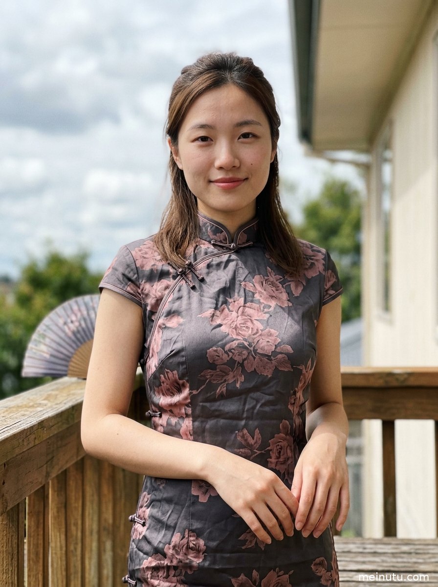 全身构图的红色旗袍美女图片，柔和逆光勾勒典雅服饰与戏剧化姿态。