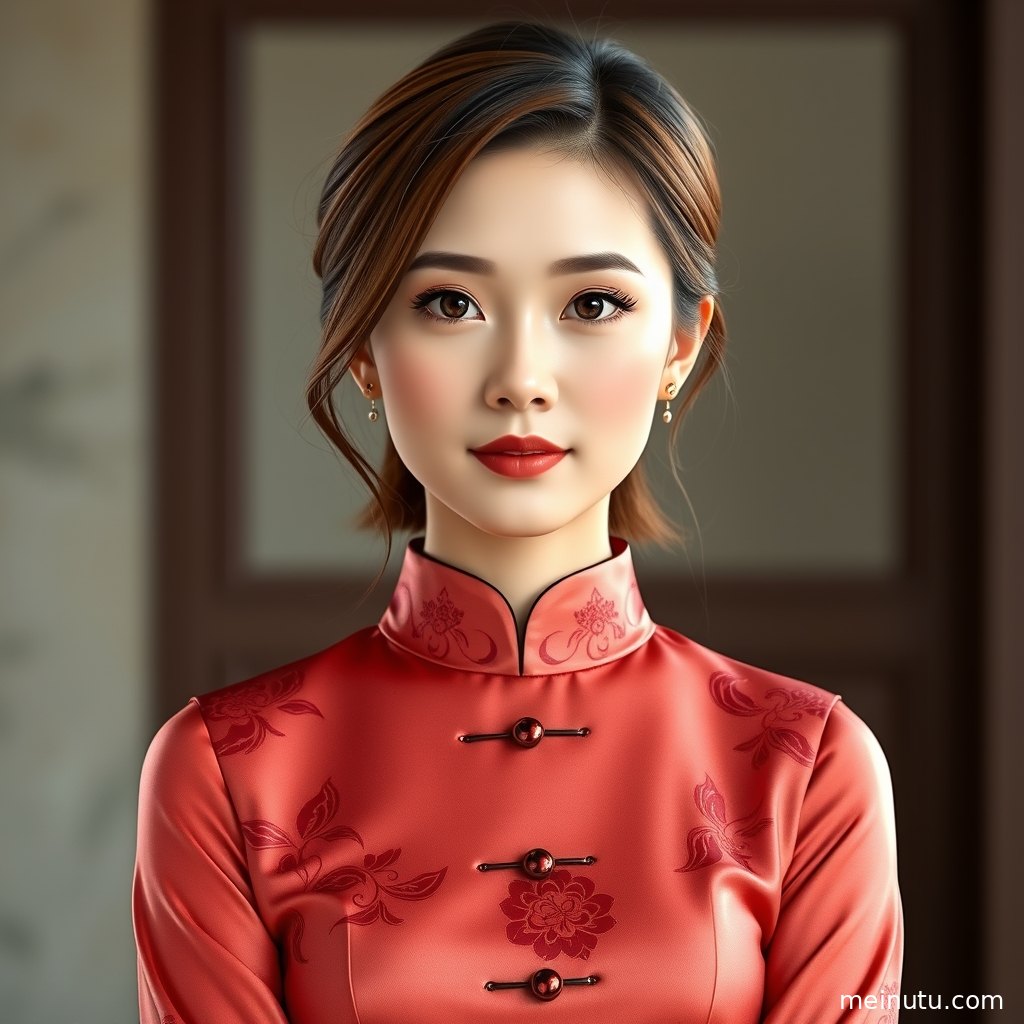 现代改良旗袍写真以低角度拍摄，展现成年女性修长线条与复古空间氛围。