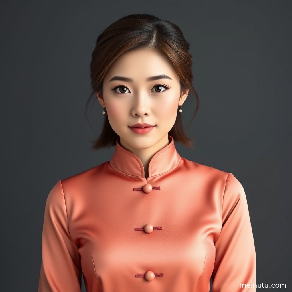 年轻成年女性身着改良旗袍回望镜头，逆光与走廊纹理营造轻奢质感。