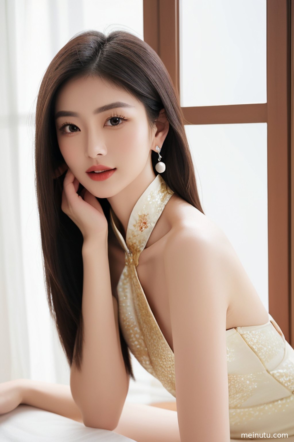 Close-up lighting details on the qipao fabric contrast with the corridor shadows, adding depth, dimension, and a polished portrait wallpaper look.