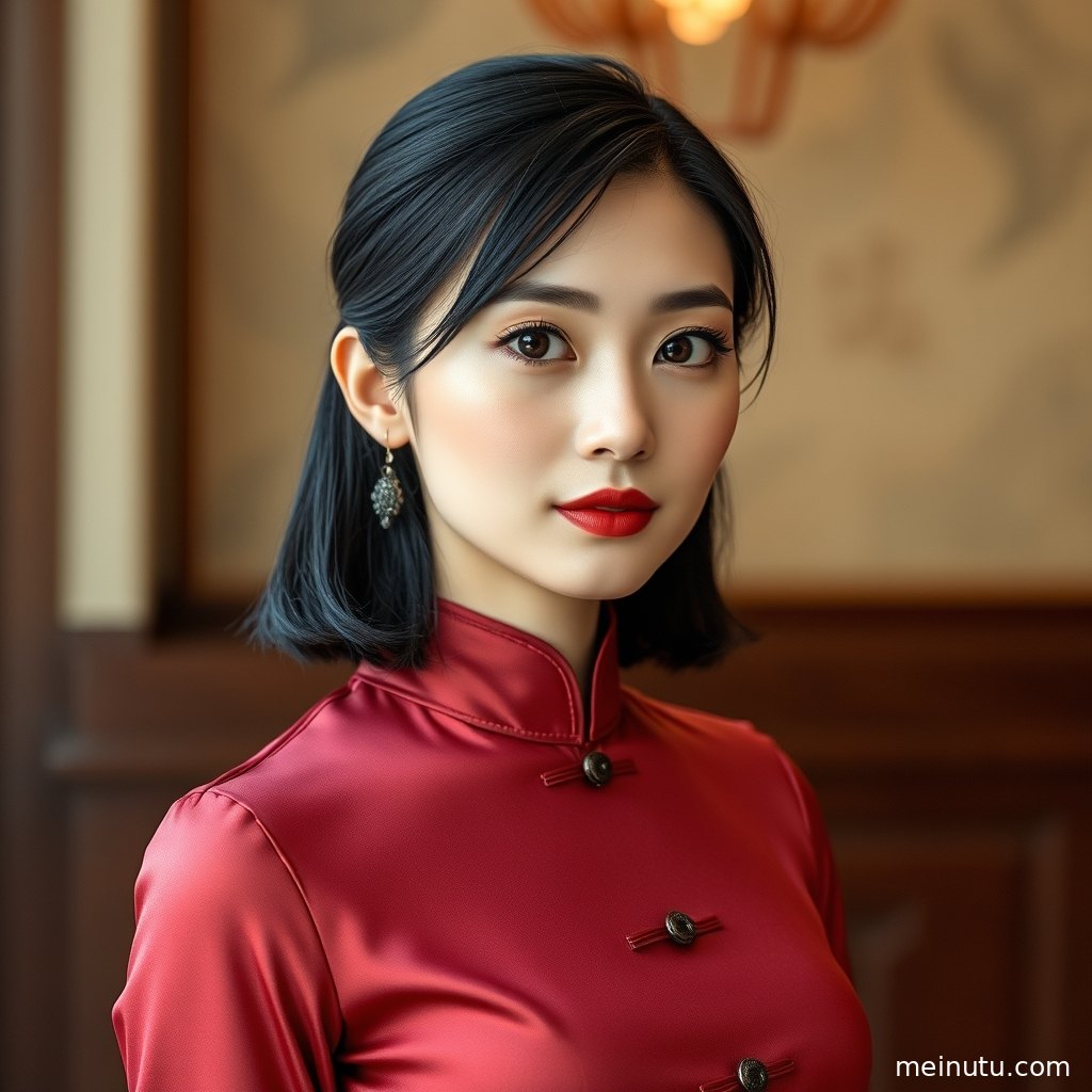 新娘旗袍礼服近景细节展示精致盘扣、刺绣纹理与柔和面料光泽。