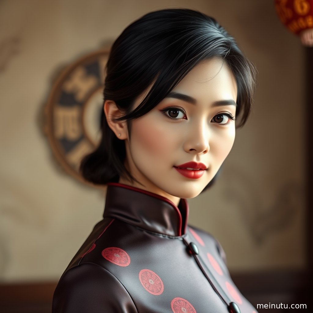 成年女性以优雅姿态倚靠复古走廊墙面，旗袍开衩线条与礼服层次清晰可见。