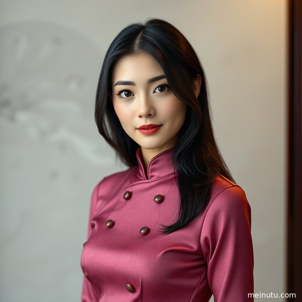 阴天漫射光下的新娘旗袍写真特写，面部妆容、耳饰与中式礼服细节细腻呈现。