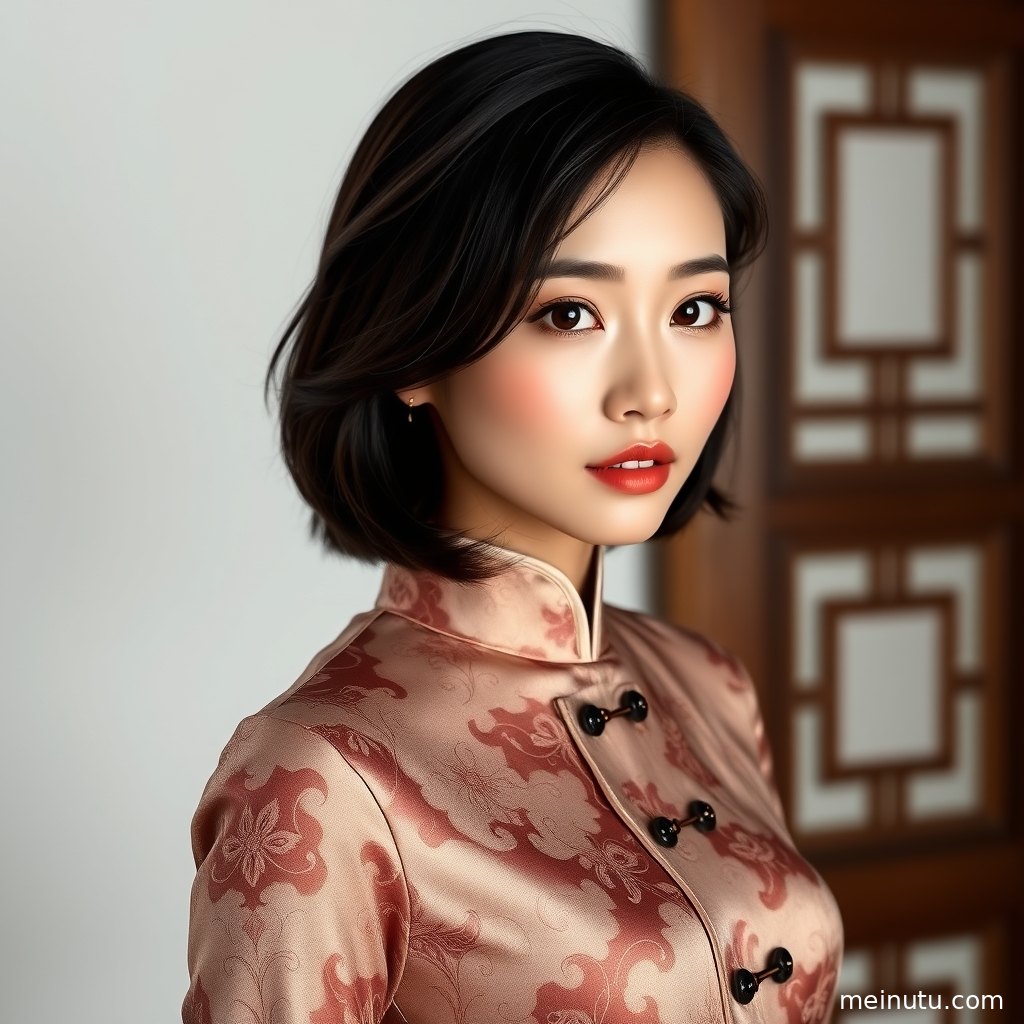 年轻成年女性身穿新娘旗袍礼服在阴天街头侧身站立，展现盘扣与刺绣细节。