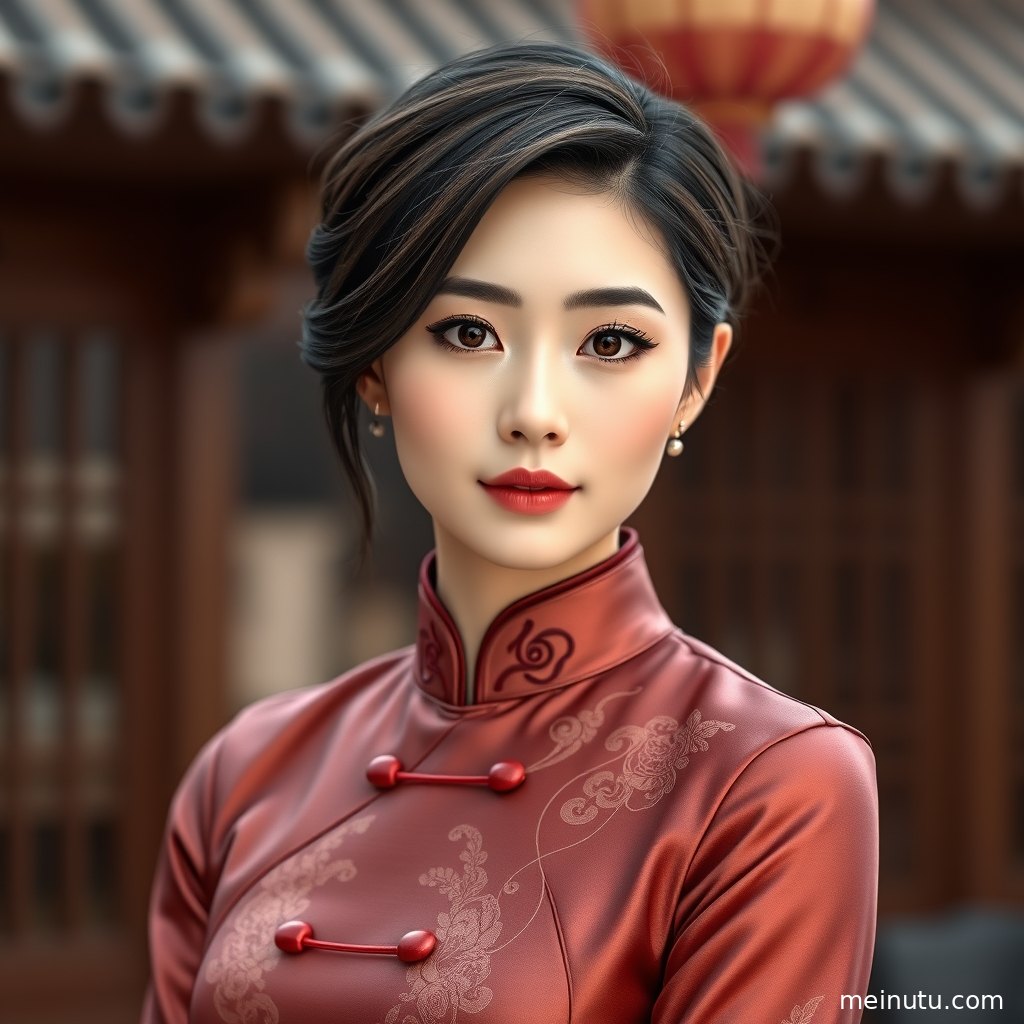 新娘旗袍礼服近景特写呈现缎面纹理、领口剪裁与温柔漫射光。