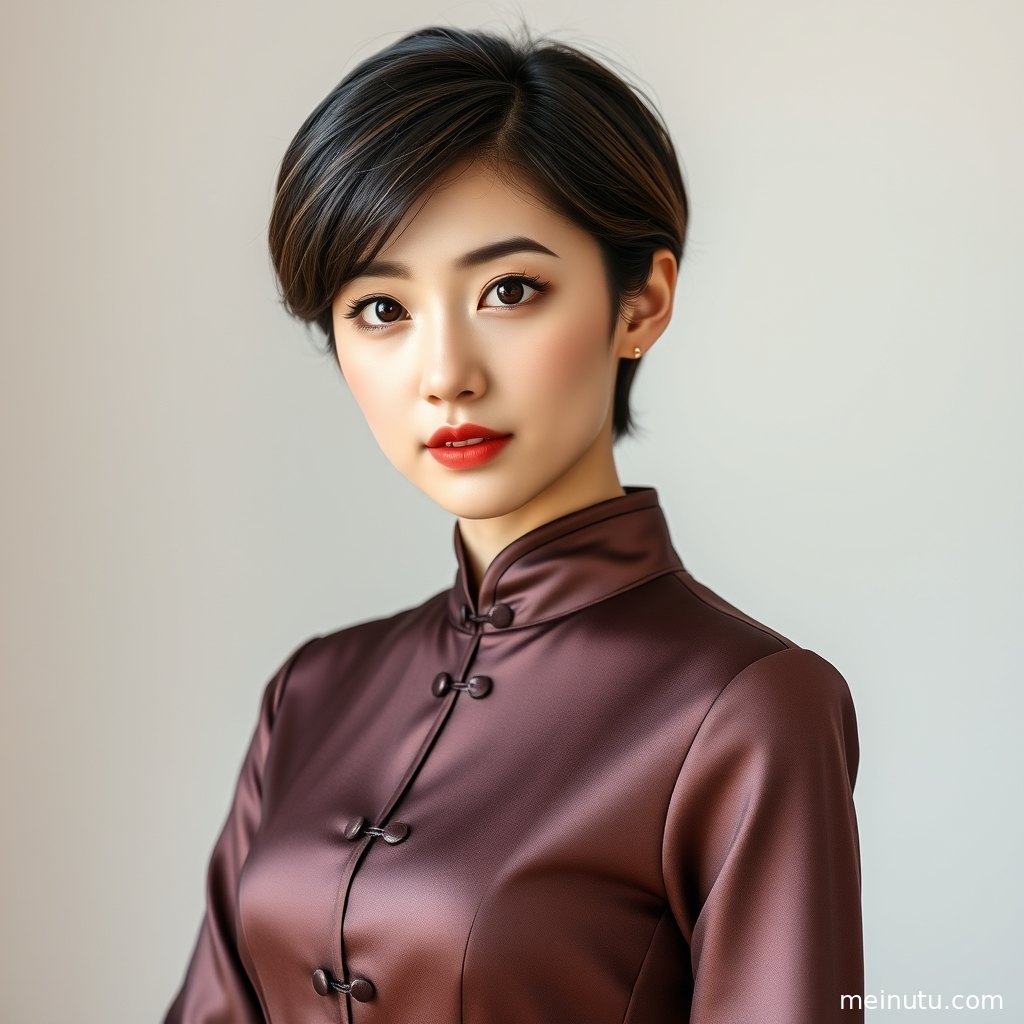 成年女子穿红色旗袍礼服漫步街边，背景虚化突出优雅身形。