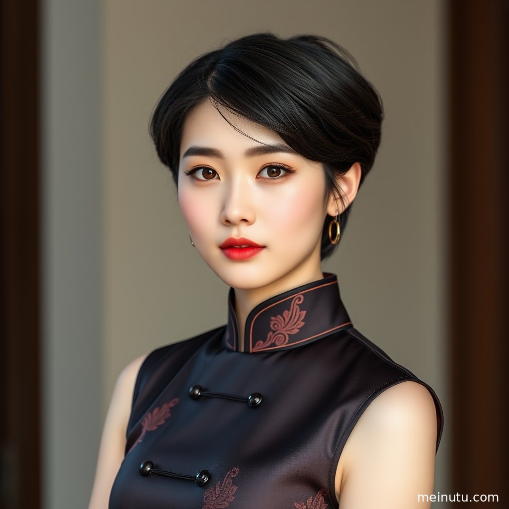 阴天街拍中的旗袍美女回眸构图，礼服开衩与手工花纹清晰可见。