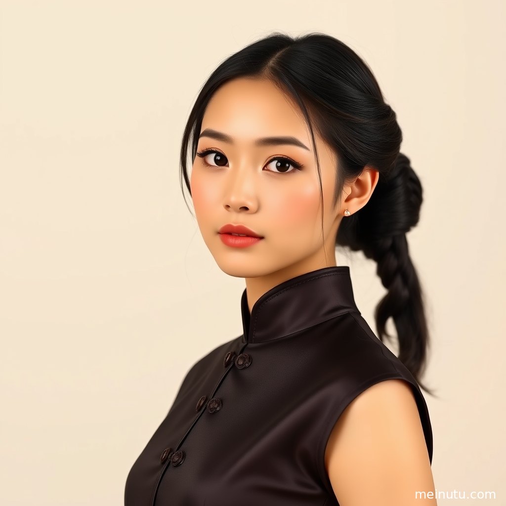 修身民国旗袍搭配精致发型，年轻成年女性在窗前展现温柔气质。