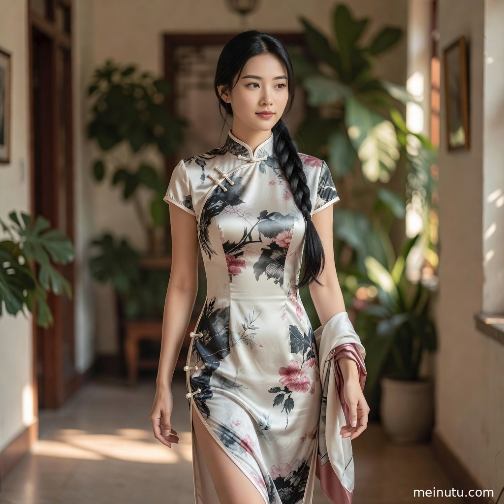 孕妇旗袍写真采用侧身回眸姿态，花木背景映衬中式盘扣与柔和轮廓。