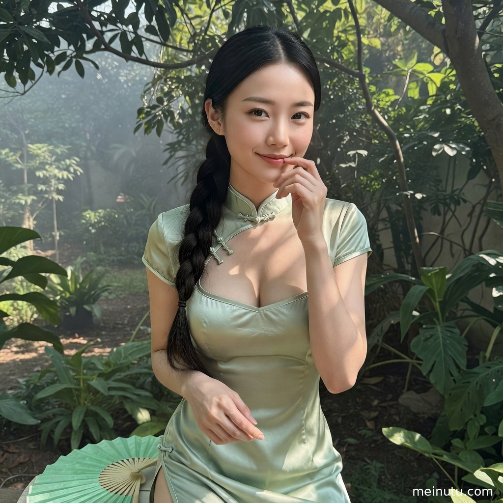 花园里的旗袍美女图片突出细腻布料质感，明亮光线营造优雅氛围。