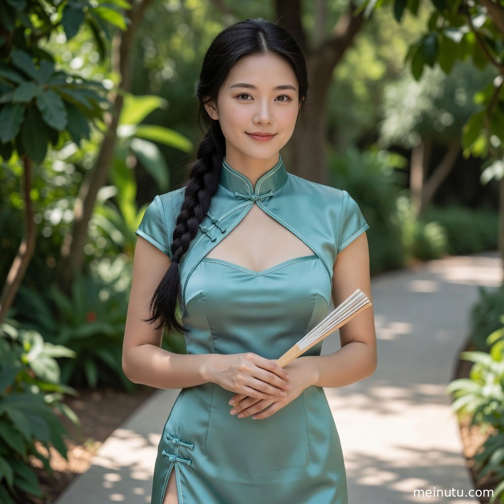 年轻成年女性在绿植与花影间拍摄民国旗袍灵感写真，画面清新通透。