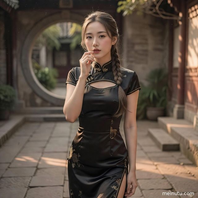 asian women 真丝旗袍长款写真｜庭院暖色侧光旗袍美女图片
