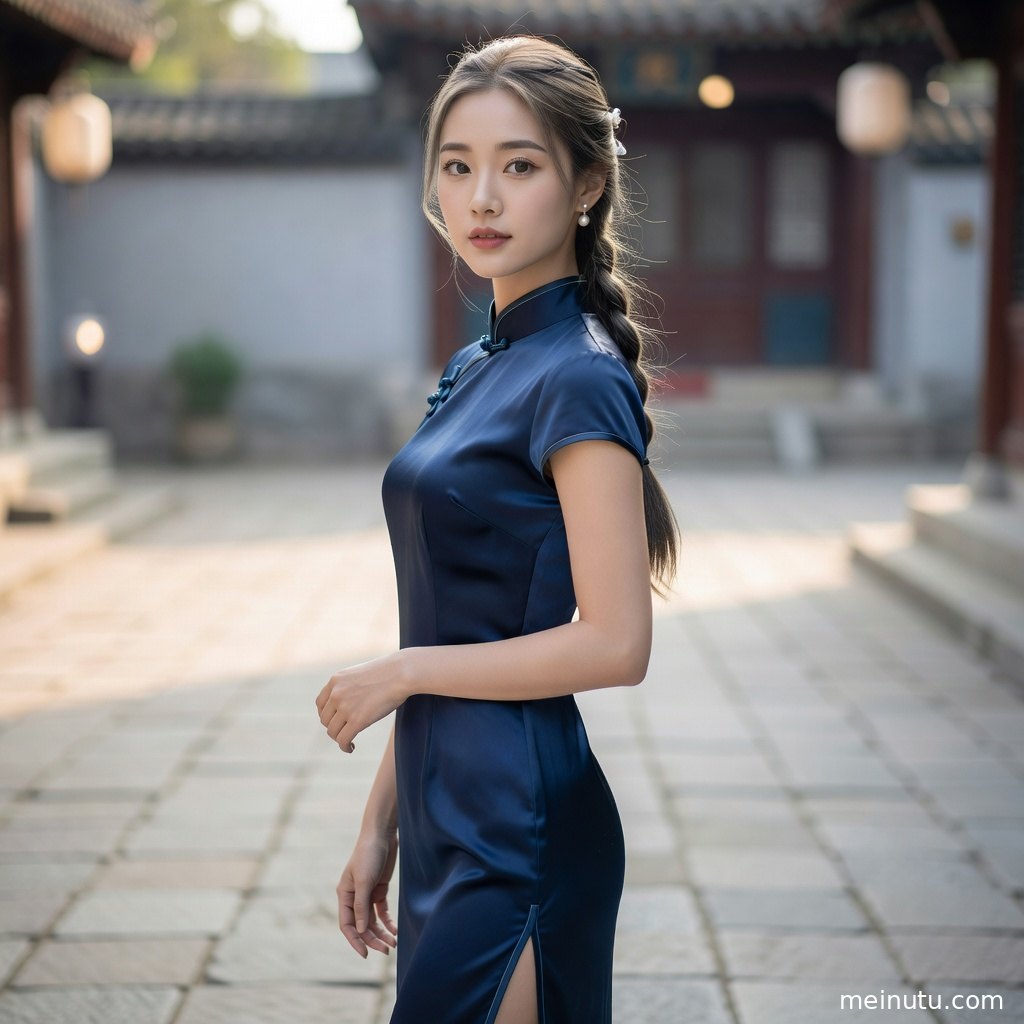 俯拍视角下的旗袍美女倚靠庭院石阶，长款旗袍线条优雅清晰。