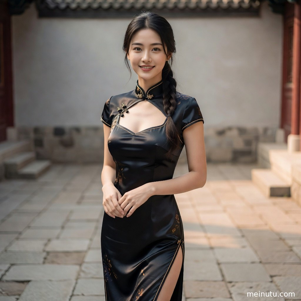 俯拍视角下的旗袍美女图片，青石庭院与花影衬托长款真丝旗袍的垂坠感。