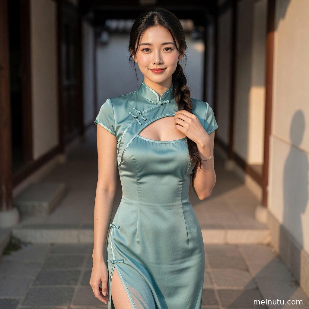古雅院落里的真丝旗袍长款写真，成年女子侧身回望呈现温婉东方氛围。