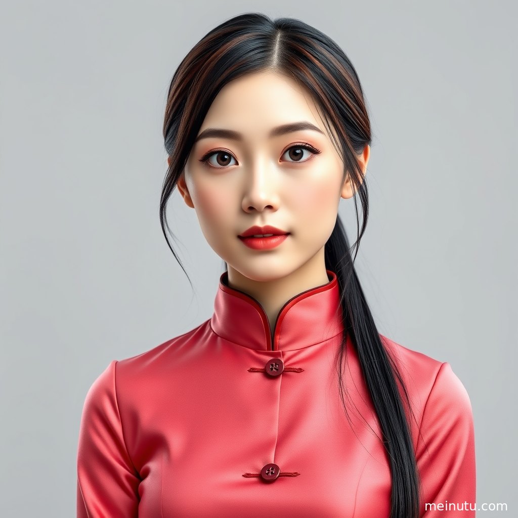 年轻成年女性身穿真丝旗袍连衣裙，在黄昏阴天漫射光下展现柔和东方气质。