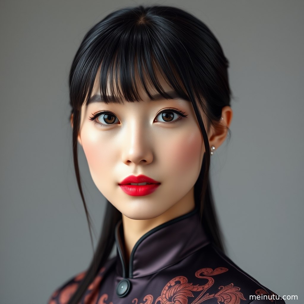 俯拍视角记录真丝旗袍连衣裙的顺滑光泽与优雅裙身线条。