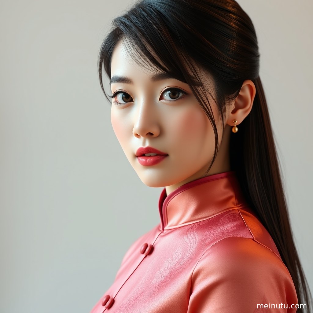 阴天黄昏氛围中的旗袍美女图片，突出真丝面料与精致剪裁。