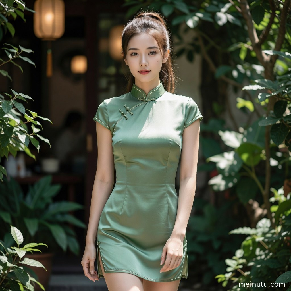 真丝旗袍美女在花园绿植前侧身回眸，画面呈现柔和散景与优雅气质。