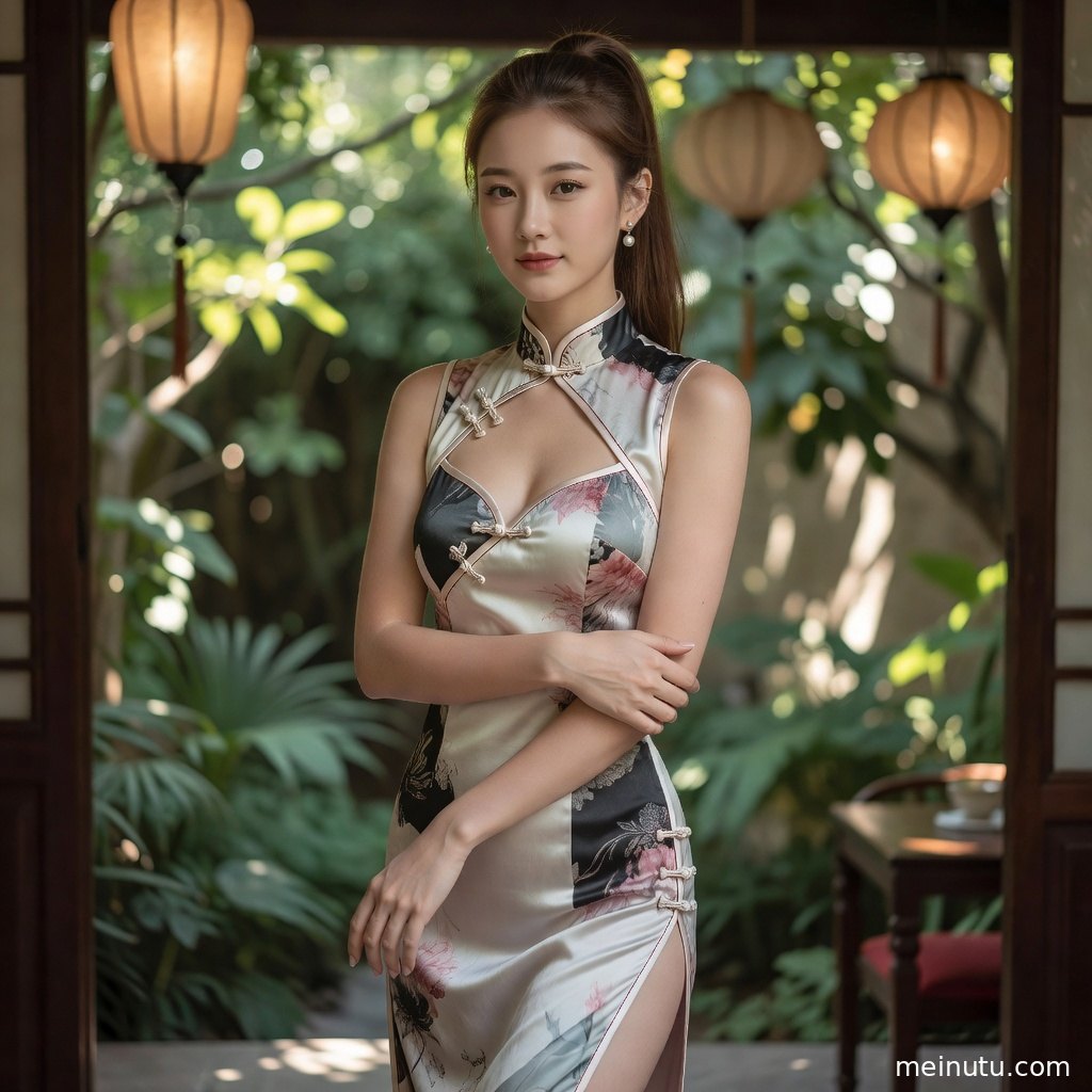 花园阳光穿过枝叶落在旗袍面料上，年轻成年女性展现东方人像美感。