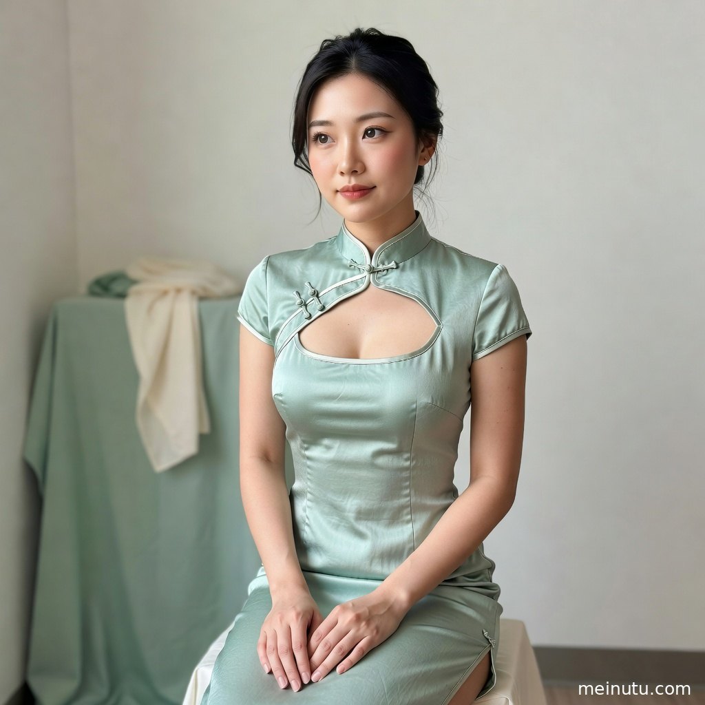 年轻成年女性身穿真丝旗袍裙站在海边礁石旁，暖色侧光勾勒全身轮廓。