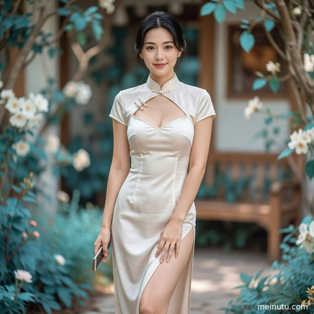 年轻成年女性穿修身旗袍沿海滩缓步前行，侧光营造温柔高级氛围。