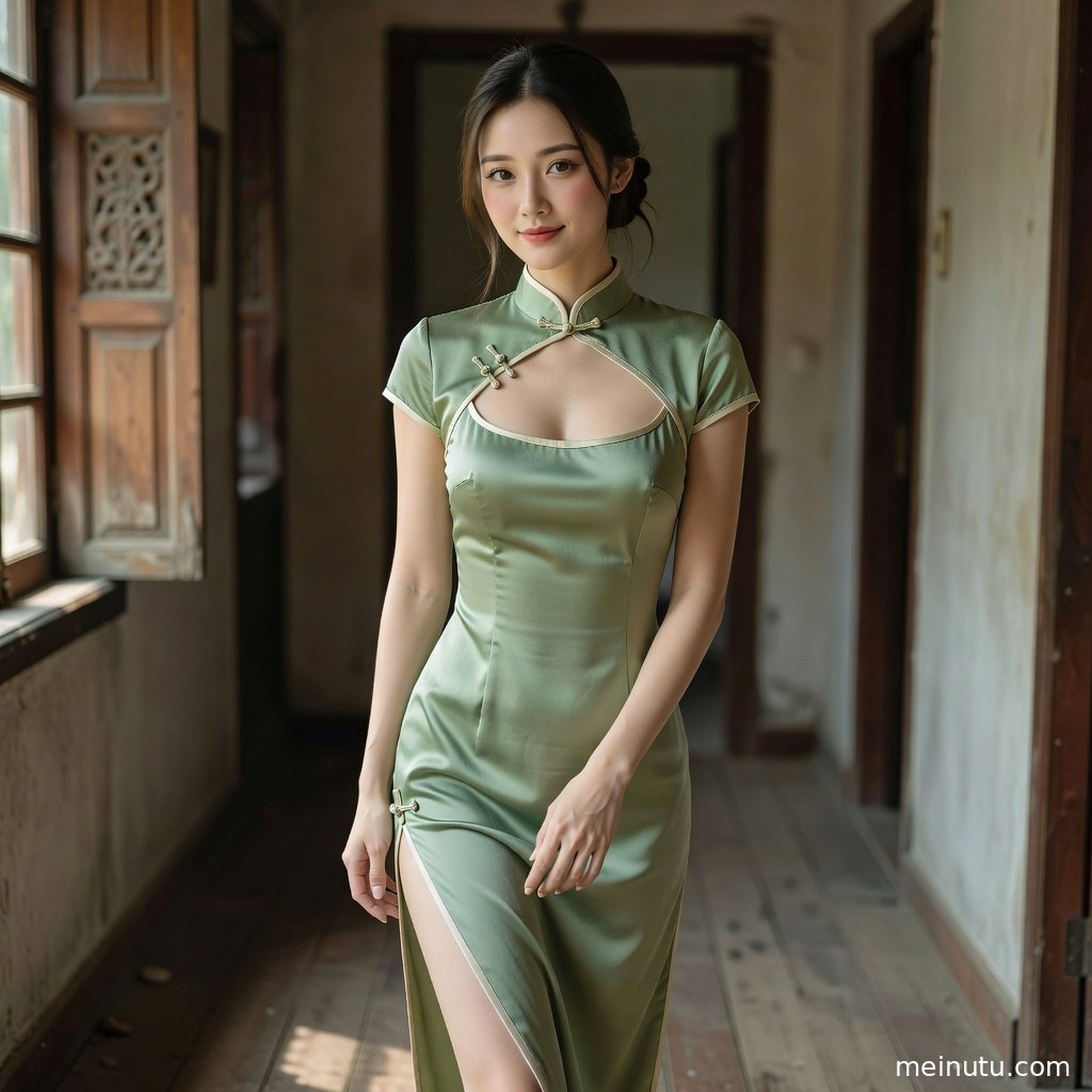 成年女性倚靠复古墙面回望镜头，三分法构图突出旗袍曲线与怀旧氛围。