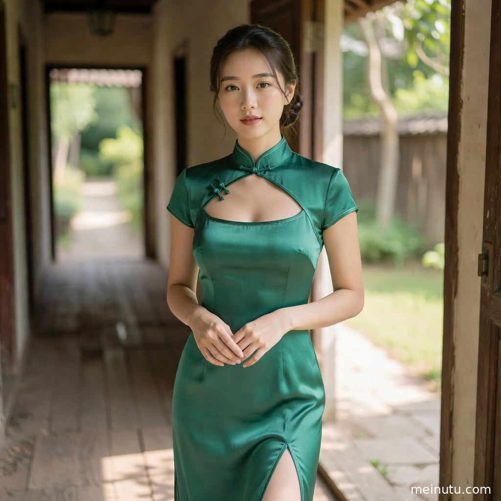 旗袍美女图片以暖色灯光和长廊透视营造电影感，适合作为高清人像壁纸。
