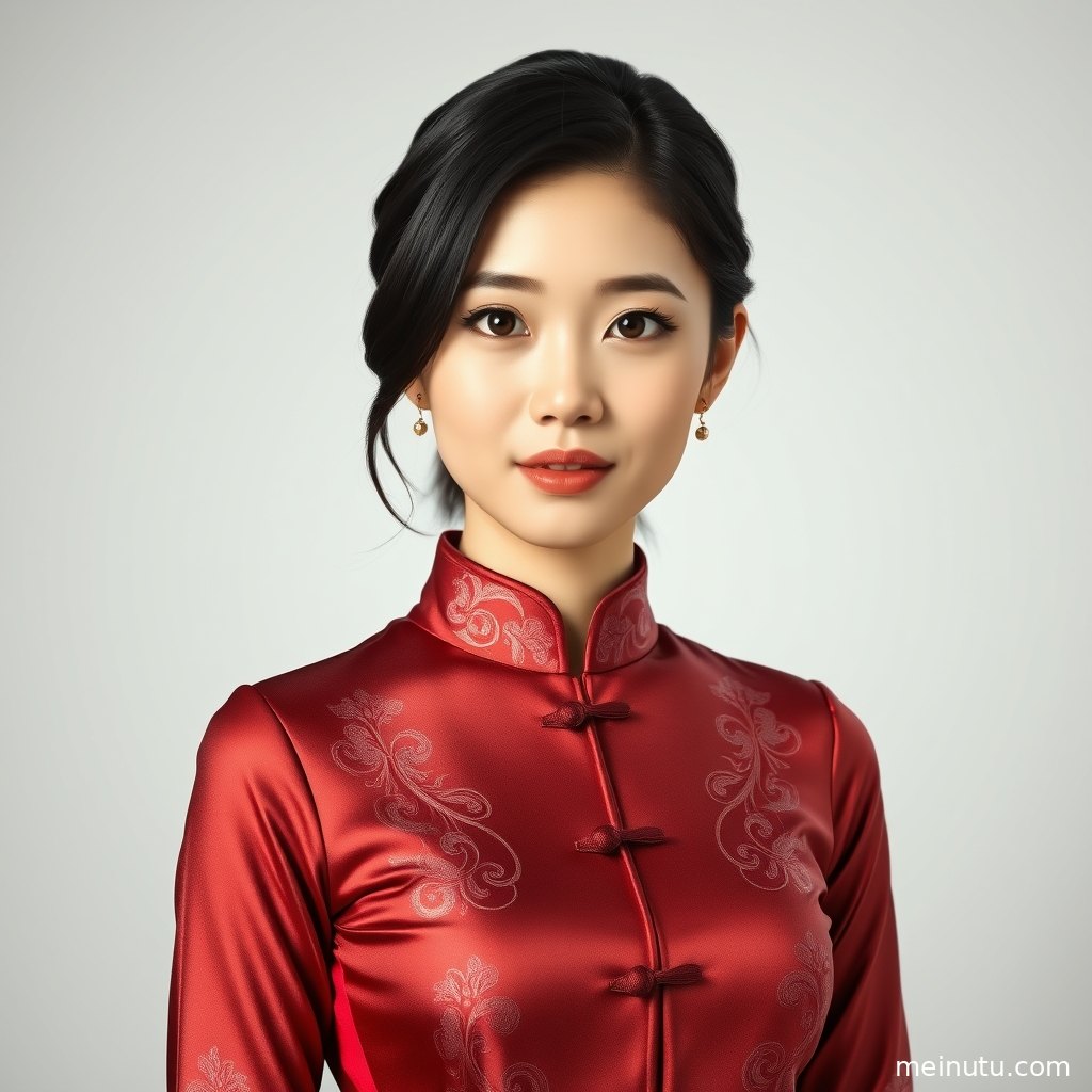 亚洲成年女性身穿重磅真丝旗袍，在室内柔光下展现清透高光与优雅站姿。