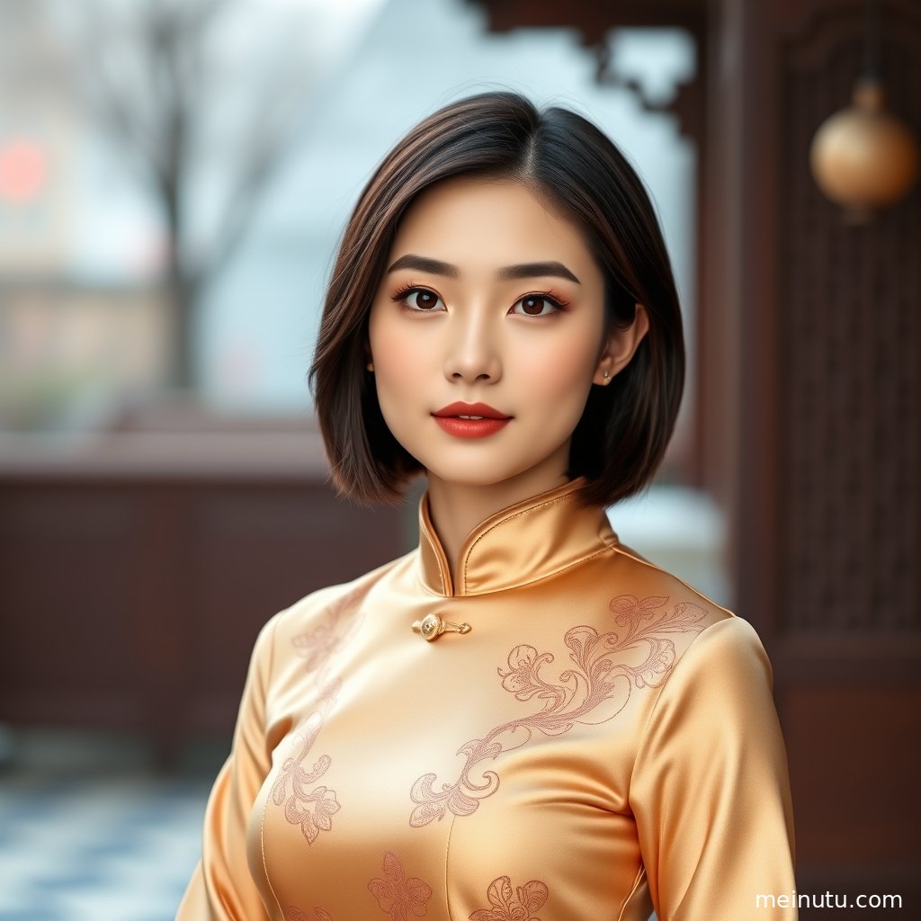 重磅真丝旗袍近景写真，细腻面料光泽与三分法构图突出东方雅致气质。
