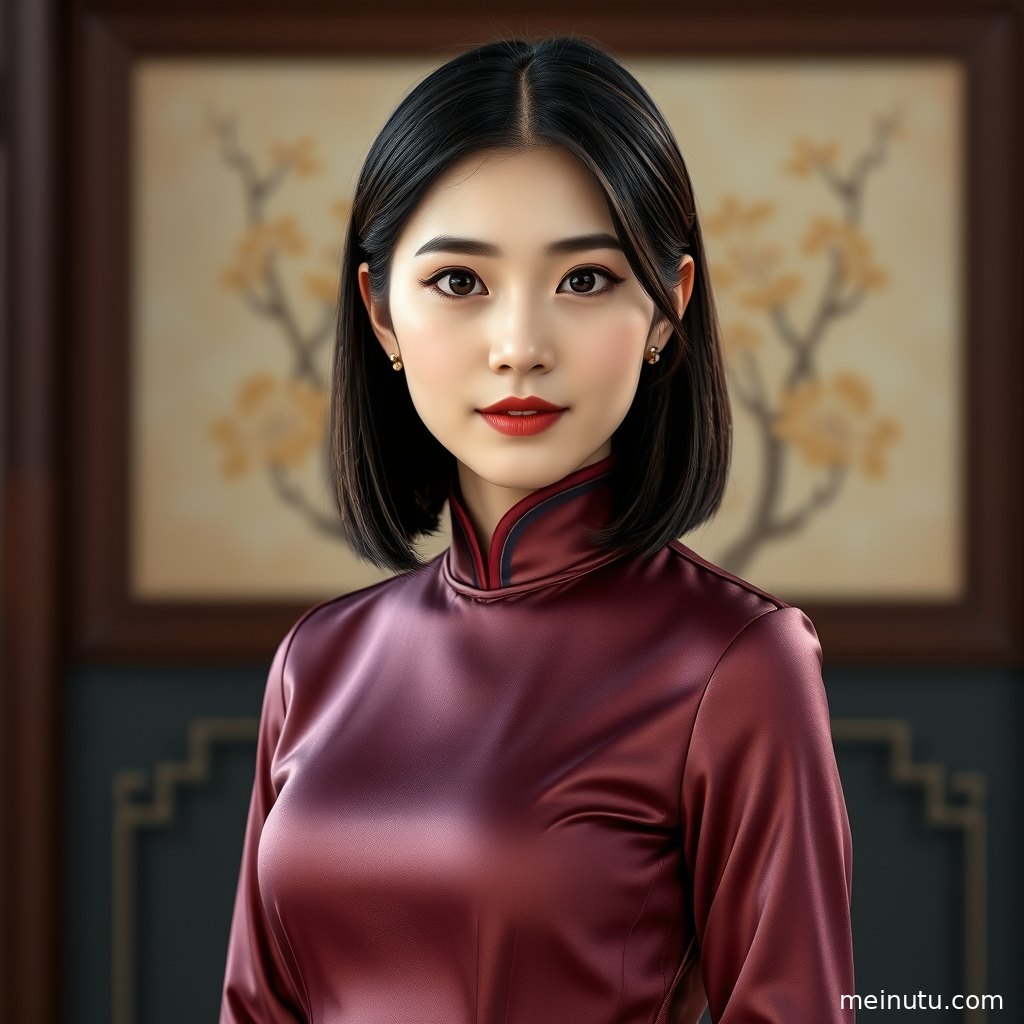 旗袍美女室内高清图片，柔和背景与清亮肤色呈现温柔精致氛围。