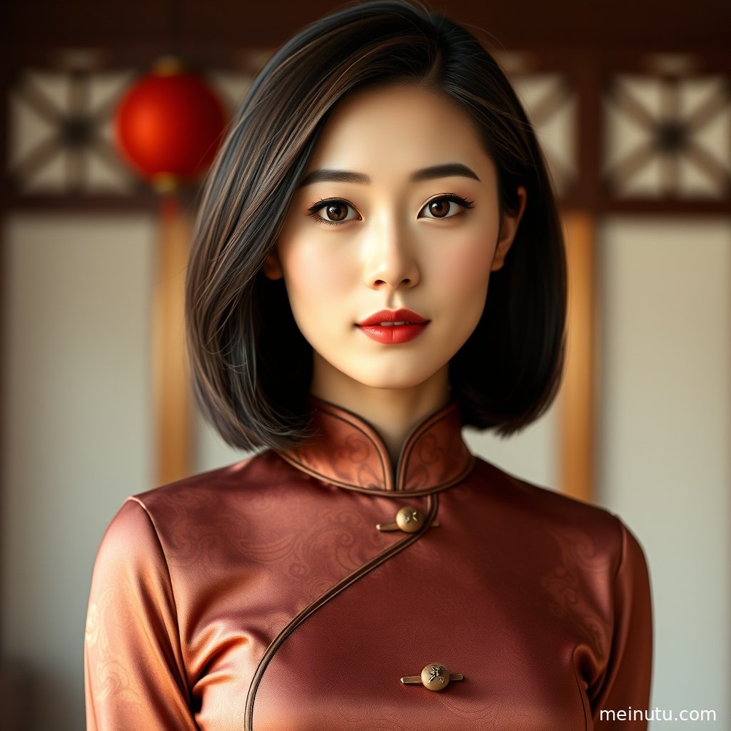 成年女性穿真丝旗袍倚坐窗边，柔光层次勾勒开衩线条与端庄姿态。