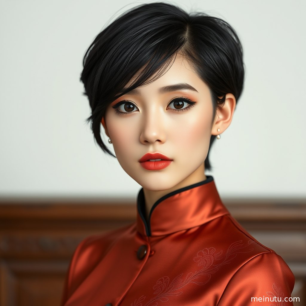 年轻成年女性着改良旗袍倚靠花园花架，柔和金光突出旗袍线条与中式气质。