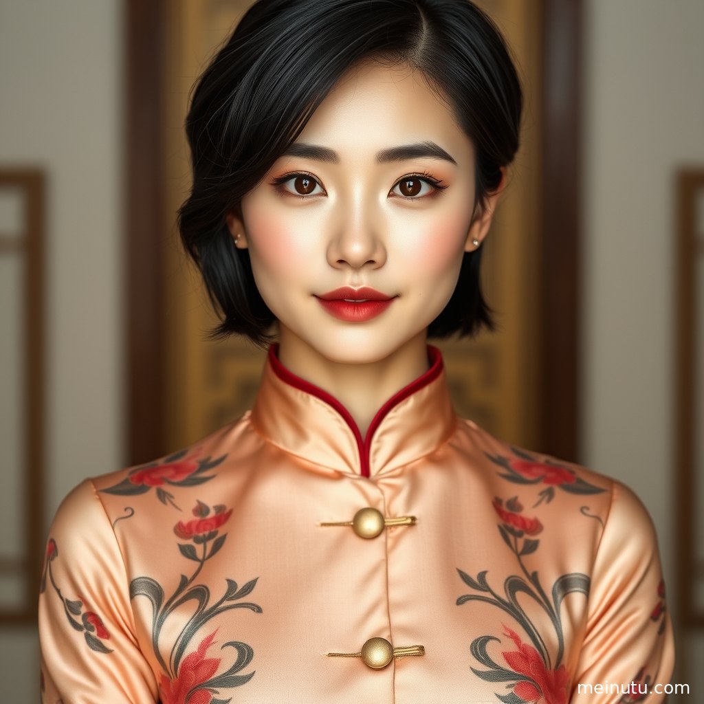 亚洲美女身穿中国风旗袍连衣裙在花丛前回眸，画面为高清全身写真。