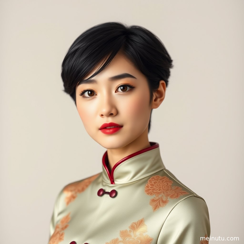 成年女子穿改良旗袍立于绿植与花影之间，暖色侧光营造温柔中式人像氛围。