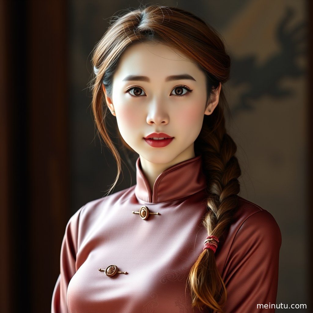 中式改良旗袍写真特写，立领盘扣与柔和晨光突出旗袍美女气质。