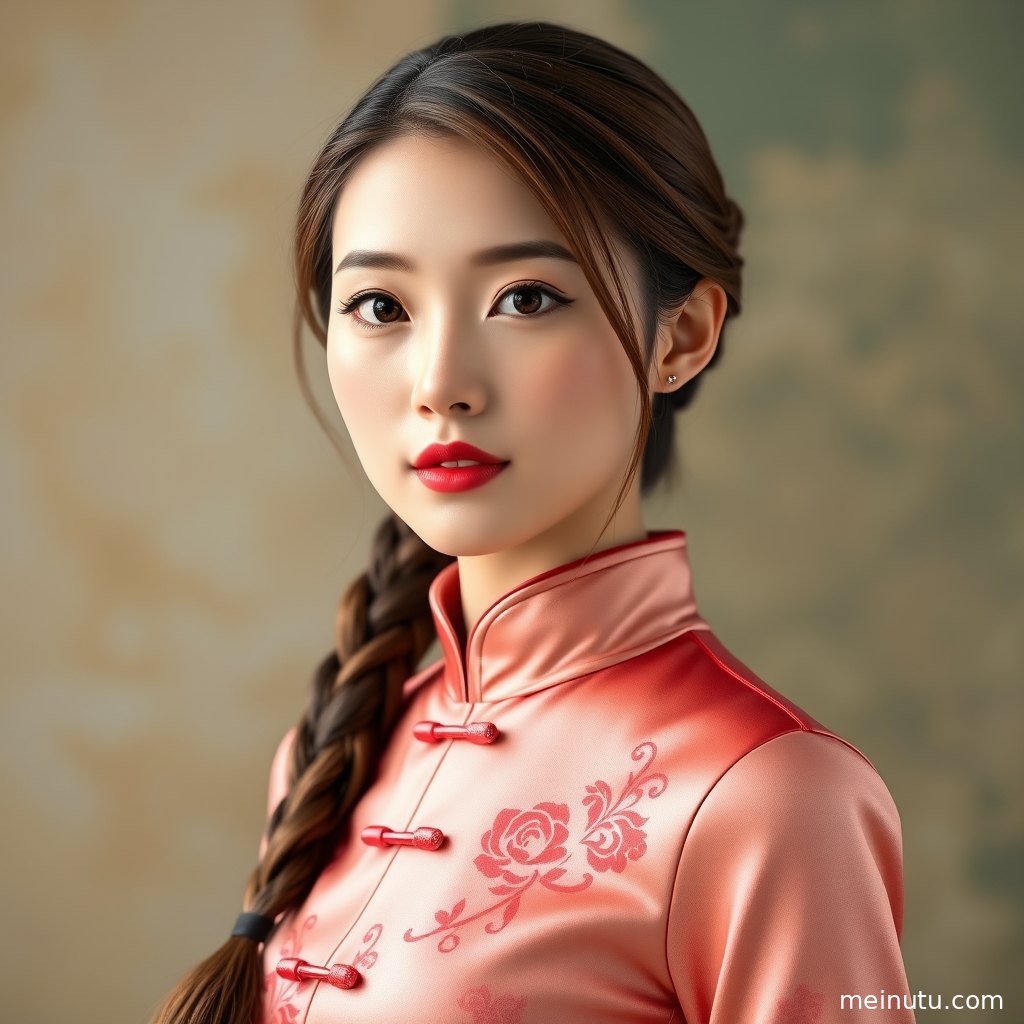成年女性身穿开衩改良旗袍倚靠室内墙面，暖色光影营造复古氛围。