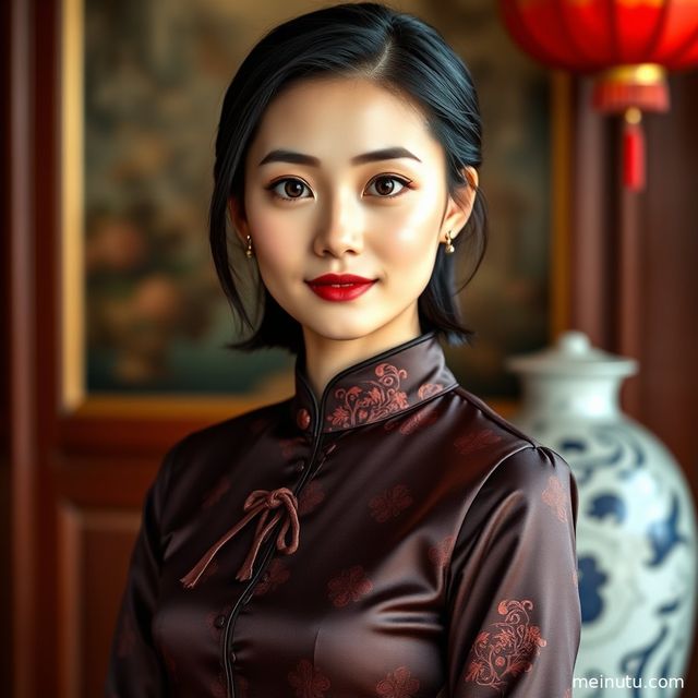 中式旗袍礼服花园写真｜asian model 电影感光影旗袍美女图片