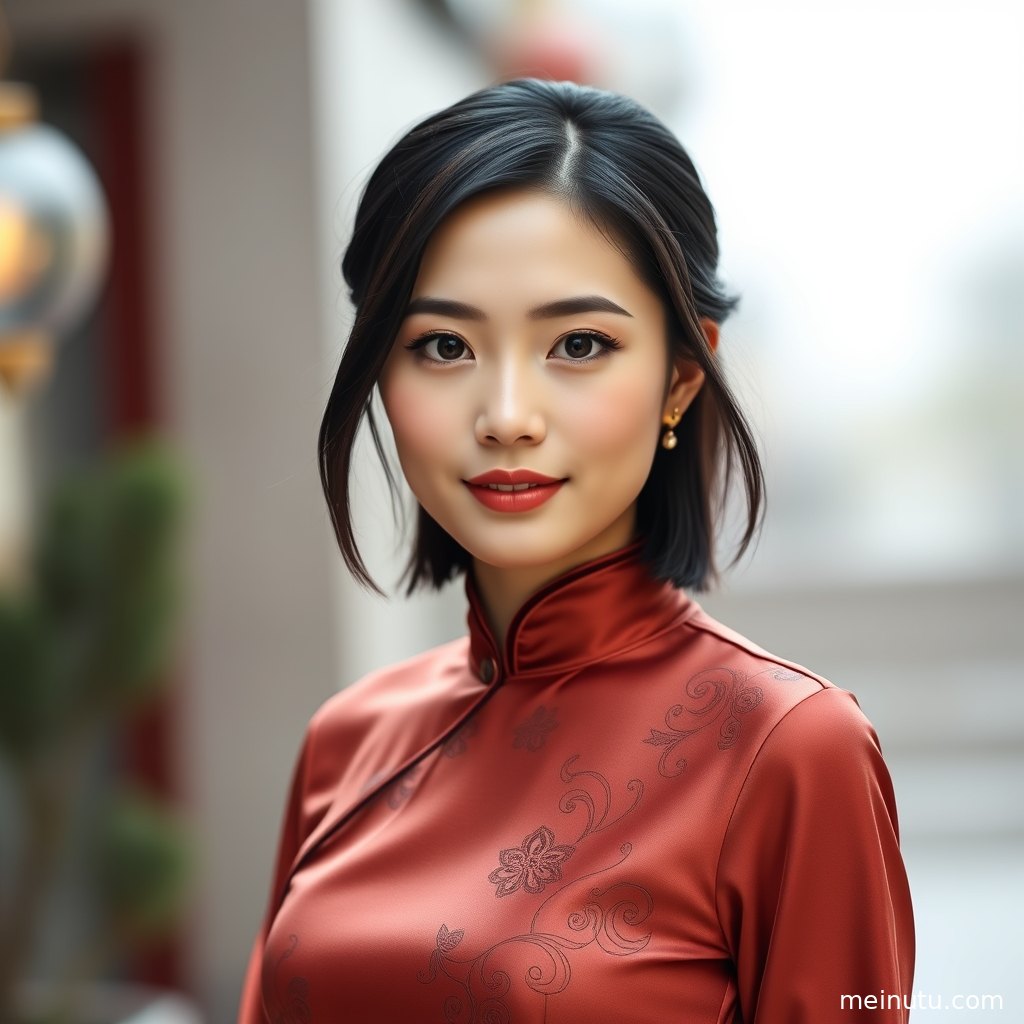 花园小径中的旗袍美女近景写真，柔和逆光勾勒礼服开衩裙摆与优雅姿态。