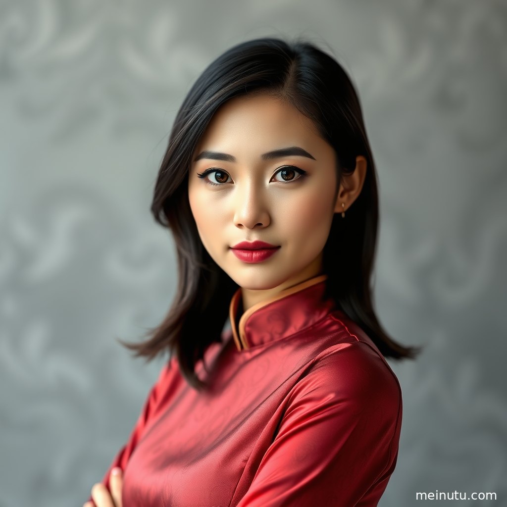 中式旗袍礼服图集特写画面，镜头聚焦刺绣纹理、珍珠耳饰和温柔面部光影。
